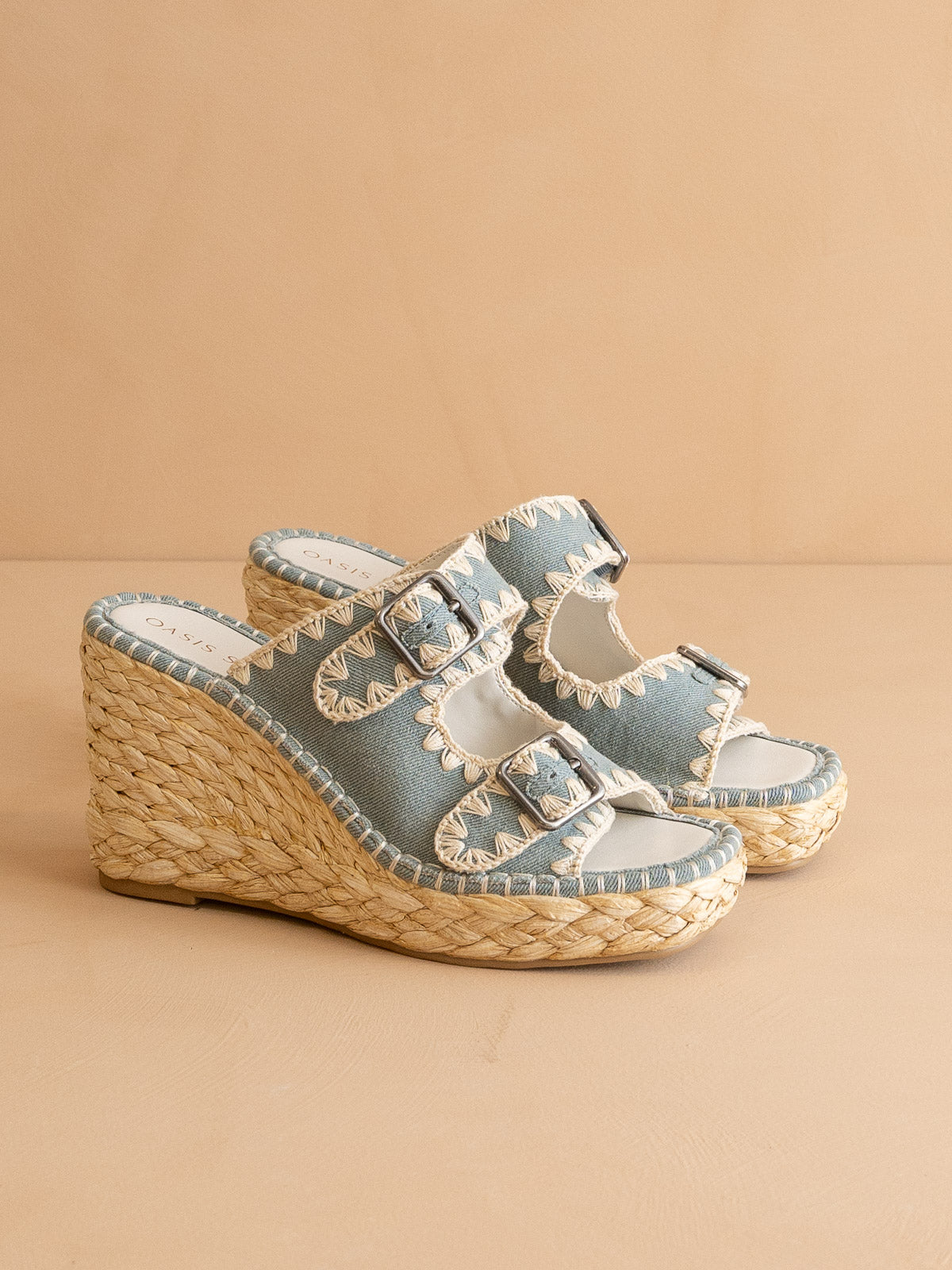 The Rae | Slate Blue Embroidered Espadrille Wedges With Double Buckle Straps - steven wick