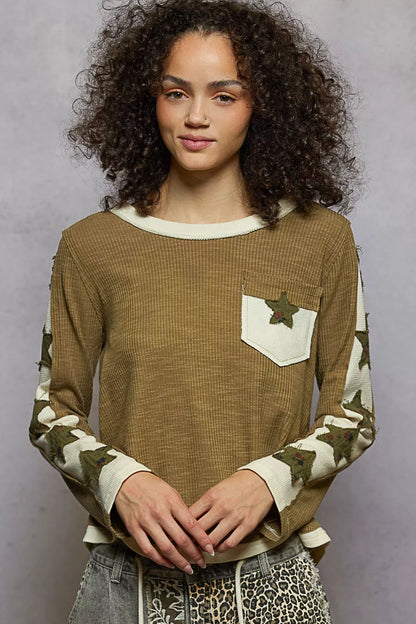 Round Neck Long Sleeved Shirt with Star Patch - steven wick