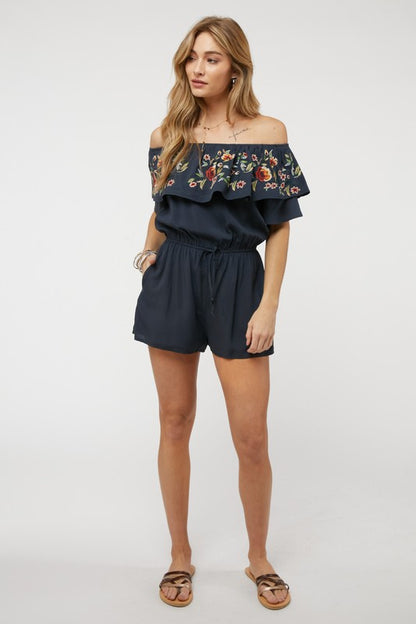 Floral Embroidered Ruffle Off-Shoulder Romper - steven wick