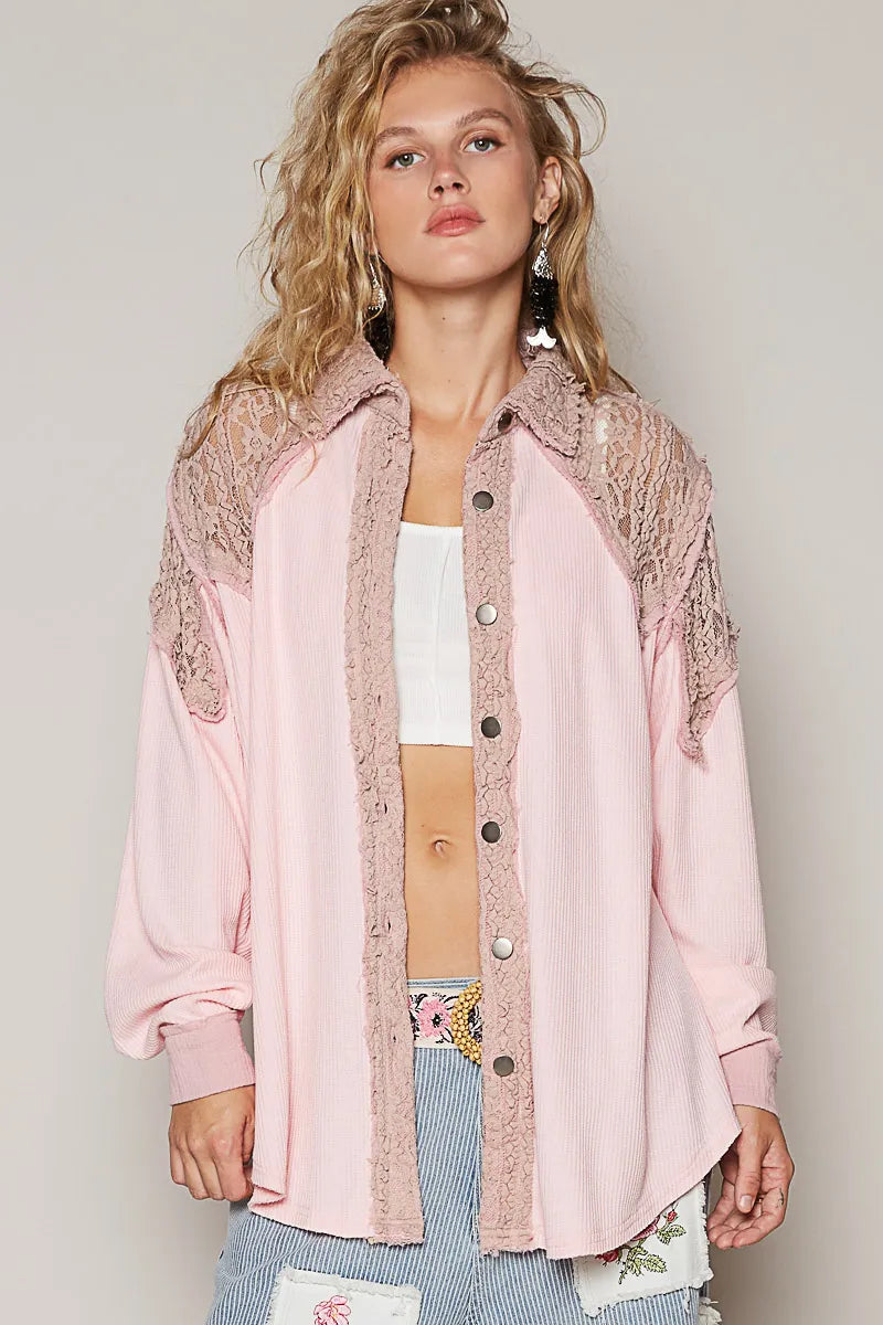 POL Lace Patchwork Button Up Shacket - steven wick