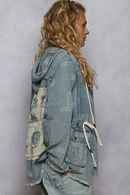 Raw Hem Drawstring Zip Up Hooded Denim Jacket - steven wick