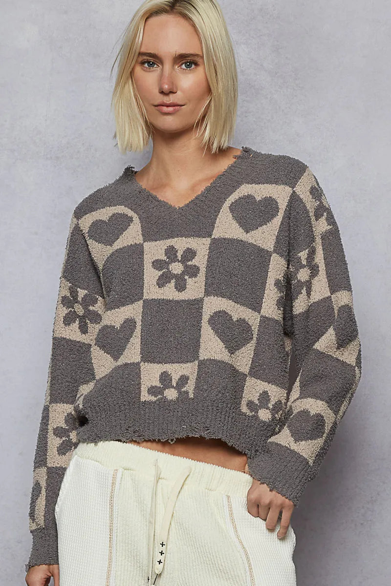 V-Neck Heart Pattern Checkered Sweater - steven wick