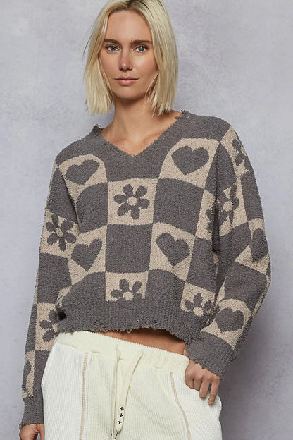 V-Neck Heart Pattern Checkered Sweater - steven wick