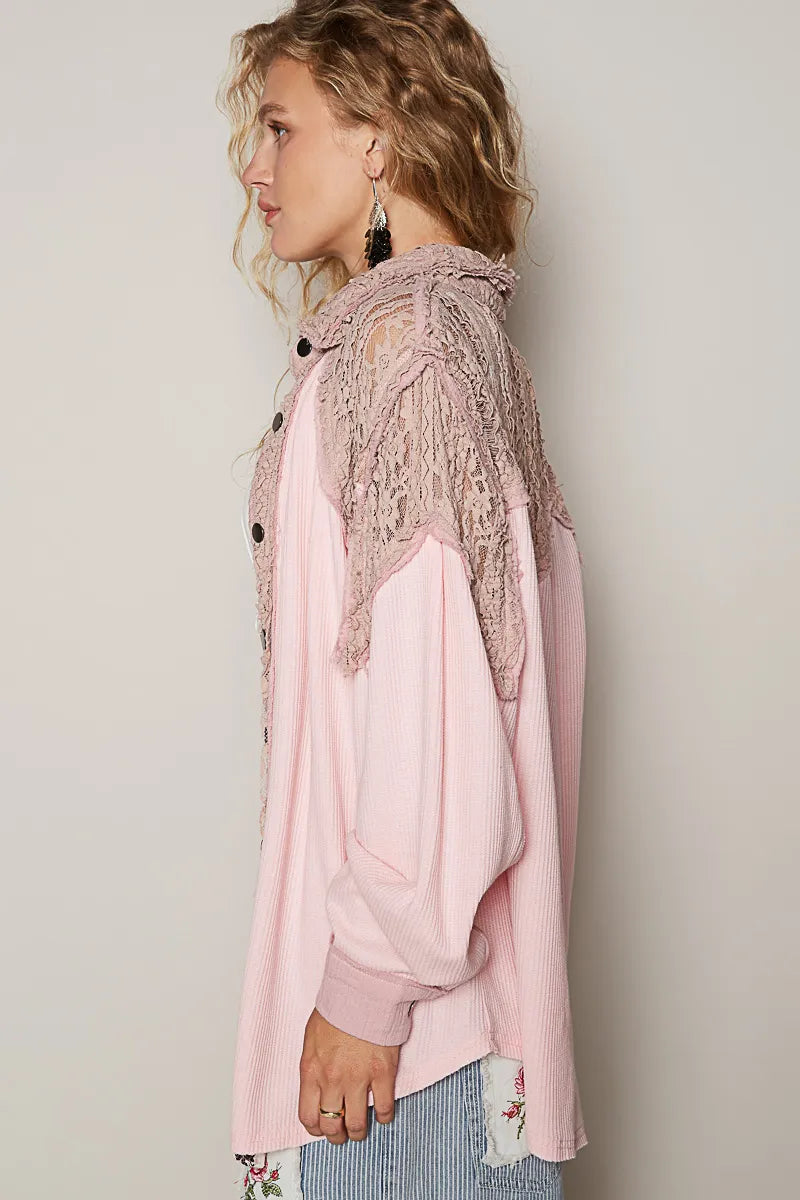 POL Lace Patchwork Button Up Shacket - steven wick
