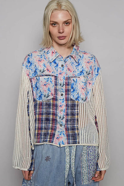 POL Floral Slit Back Plaid Patchwork Shirt - steven wick