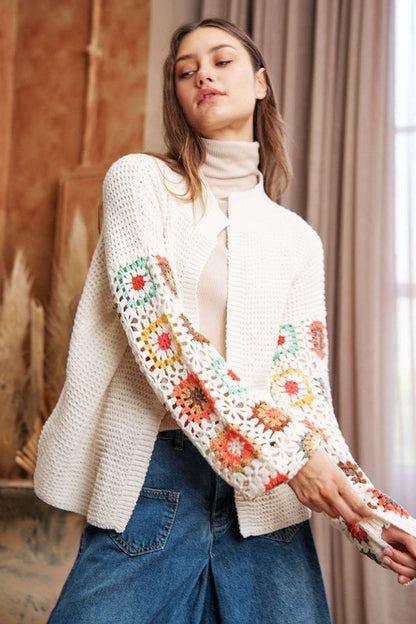 Crochet Floral Printed Long Sleeve Knit Cardigan - steven wick