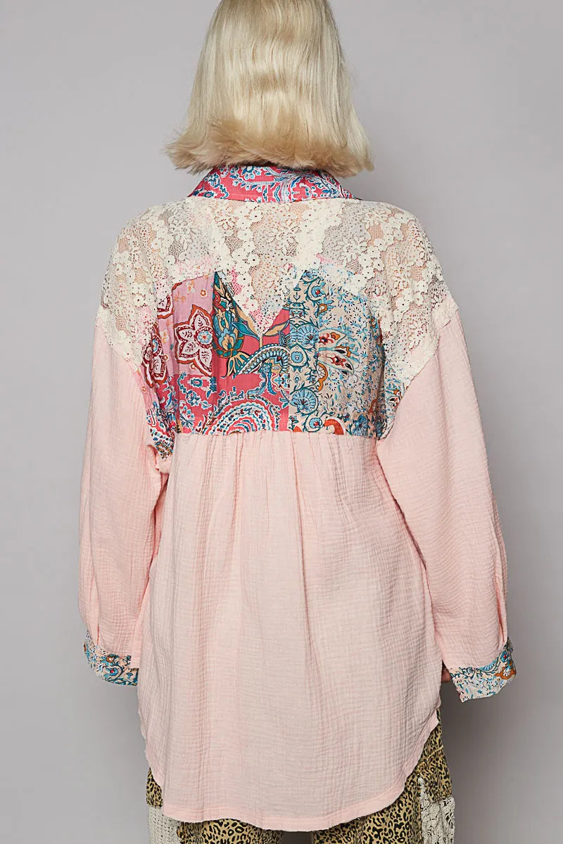 POL Lace Patchwork Floral Trim Long Sleeve Shirt - steven wick