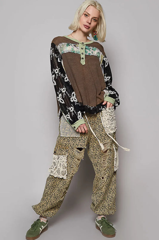 POL Button Detail Floral Patchwork Crochet Sleeve Blouse - steven wick