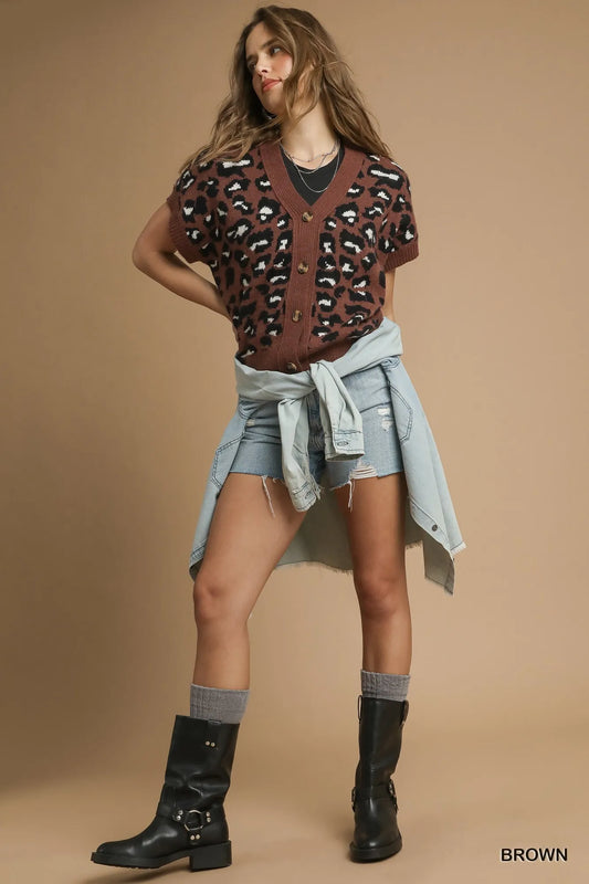Button Down Short Sleeve Leopard Cardigan - steven wick