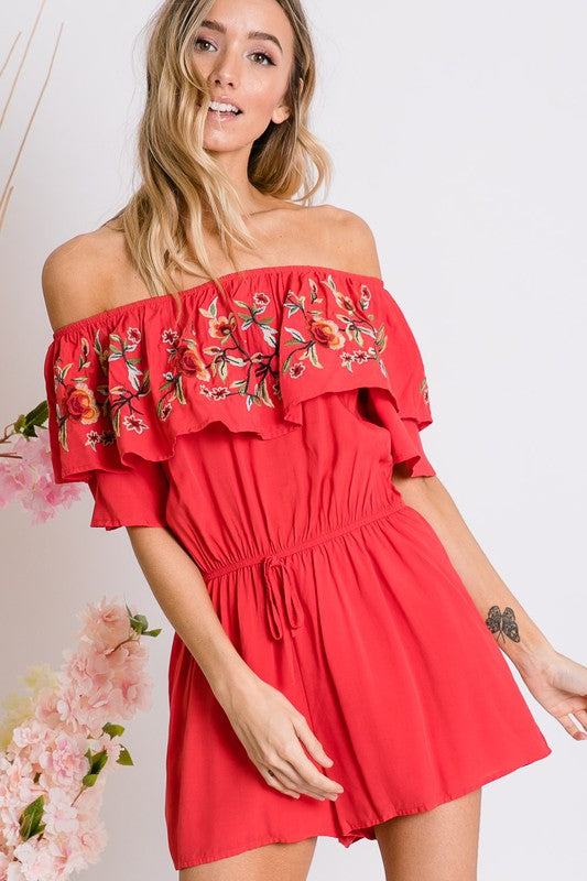 Floral Embroidered Ruffle Off-Shoulder Romper - steven wick