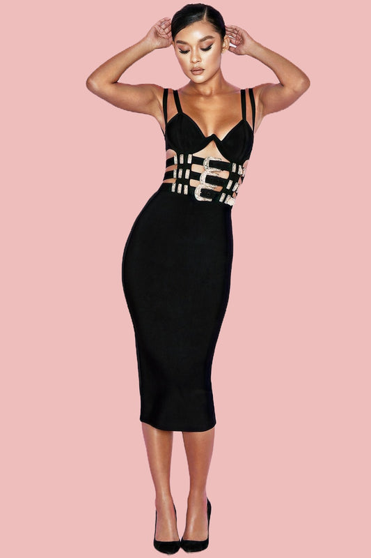 pink and black bandage dress Contrast Trim Cut Out Sleeveless Bandage Square Neck, Zayna Floral Midi Dress in Black/Pink, Size S, For Cocktail