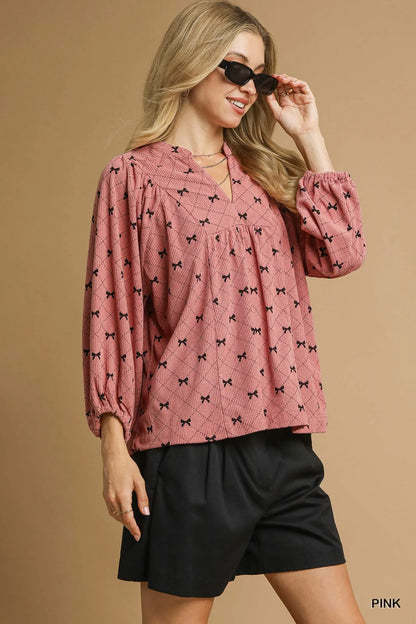Umgee Corduroy Bow Print Balloon Sleeve Blouse - steven wick