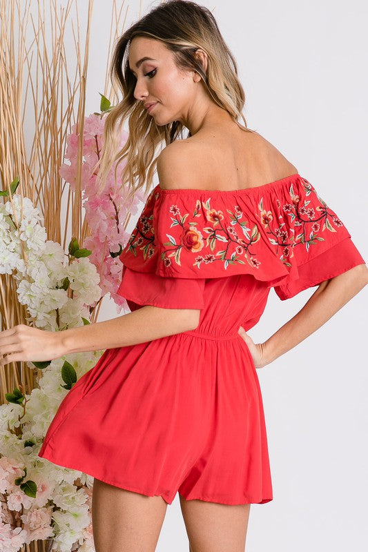 Floral Embroidered Ruffle Off-Shoulder Romper - steven wick