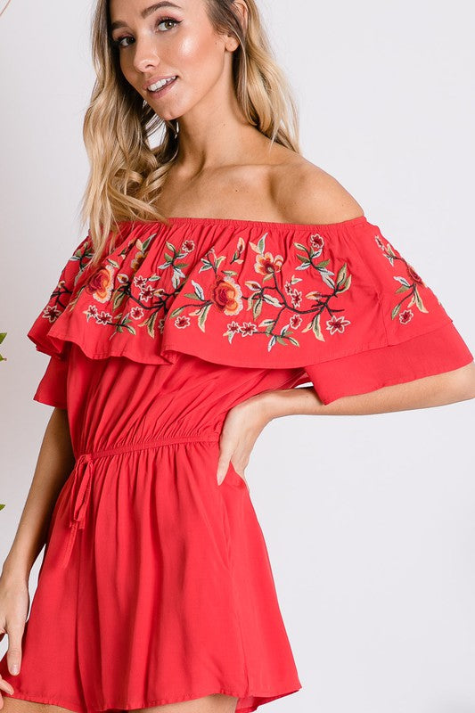 Floral Embroidered Ruffle Off-Shoulder Romper - steven wick