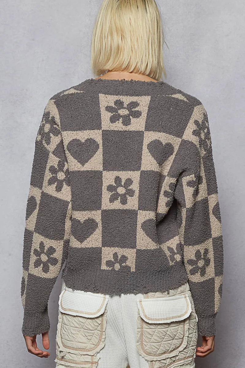 V-Neck Heart Pattern Checkered Sweater - steven wick