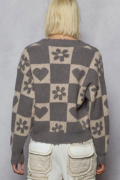 V-Neck Heart Pattern Checkered Sweater - steven wick