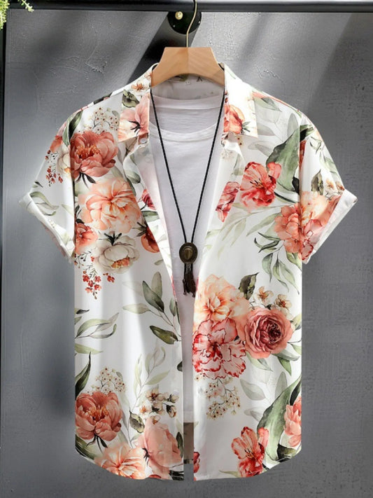 Men's Floral Print Button Up Short Sleeve Shirt - steven wick