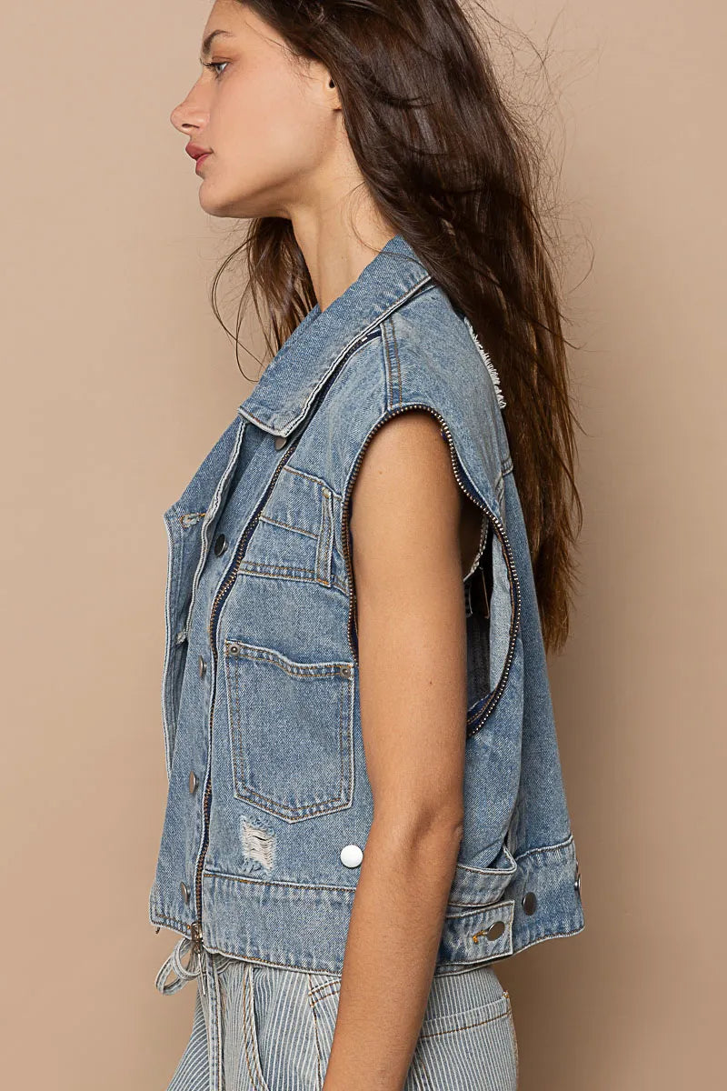 POL Cropped Denim Jacket with Functional Zipper Detail - steven wick