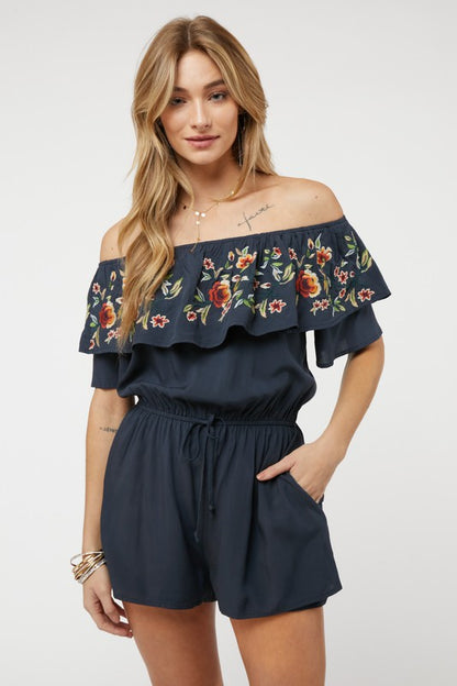 Floral Embroidered Ruffle Off-Shoulder Romper - steven wick