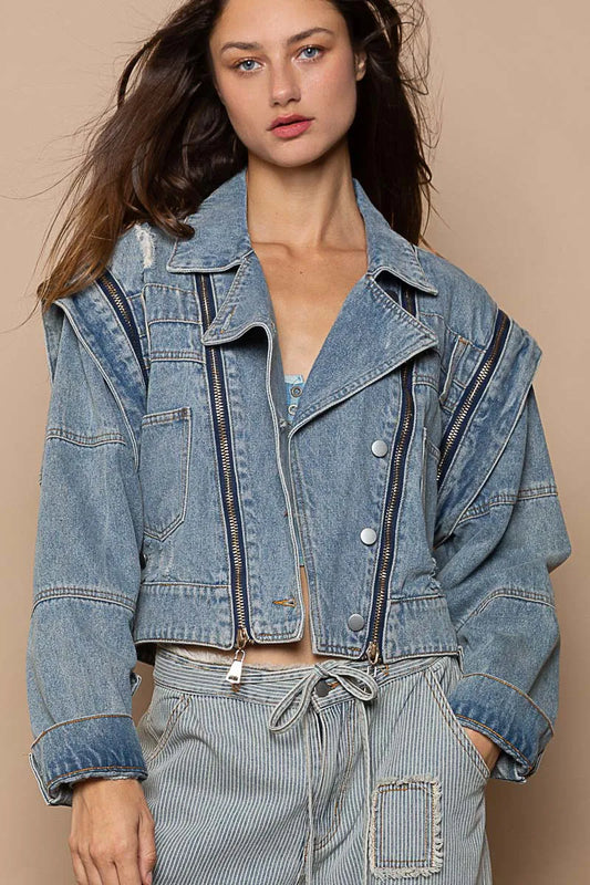 POL Cropped Denim Jacket with Functional Zipper Detail - steven wick