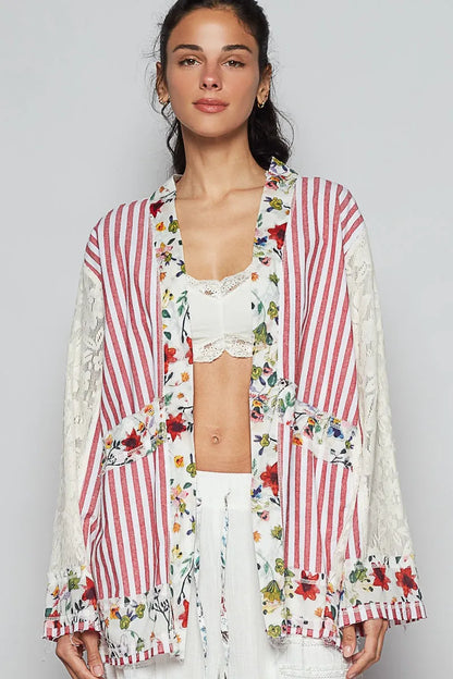 Lace Long Sleeve Striped Cardigan with Floral Patchwork Detail - steven wick