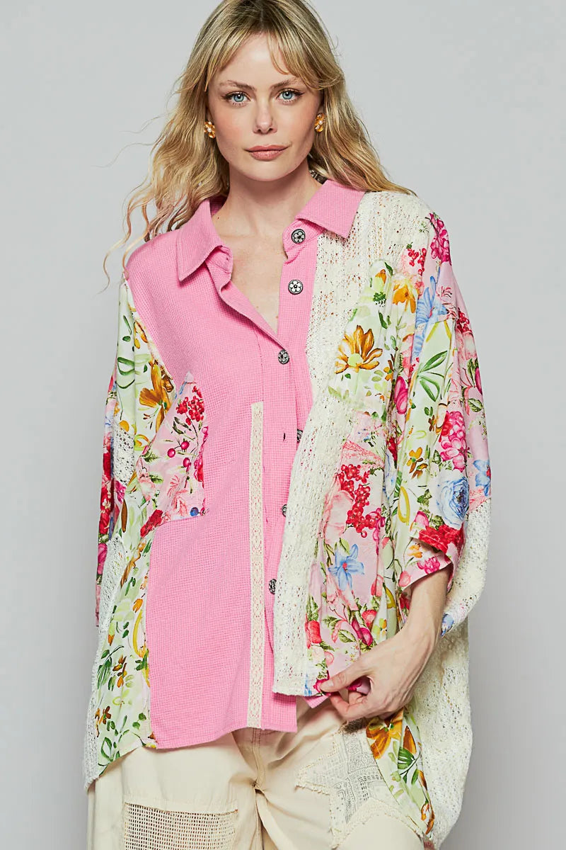 Thermal and Crochet Lace Mix Shirt with Floral Pattern - steven wick