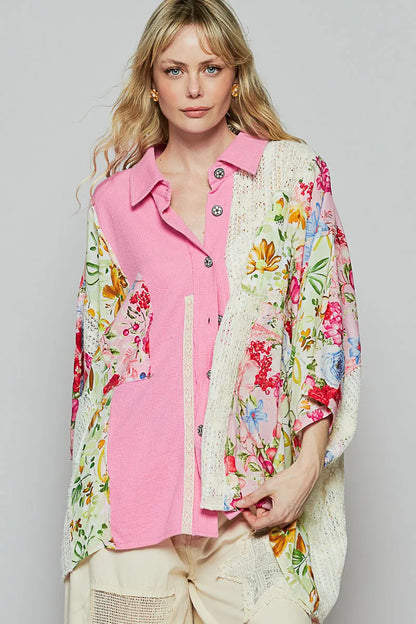 Thermal and Crochet Lace Mix Shirt with Floral Pattern - steven wick