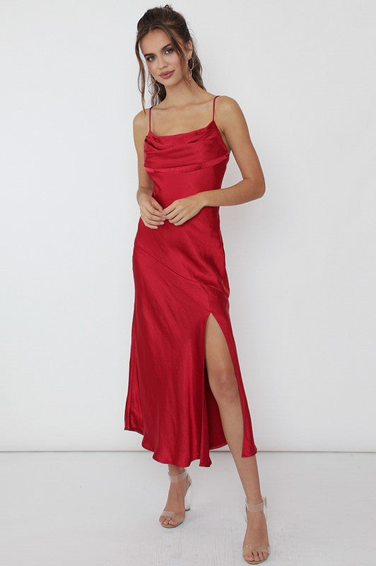 Fire Red Satin Side Slit Midi Dress - steven wick