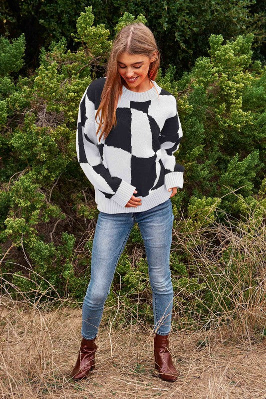 Multi Geo Checker Pullover Knit Sweater Top - steven wick