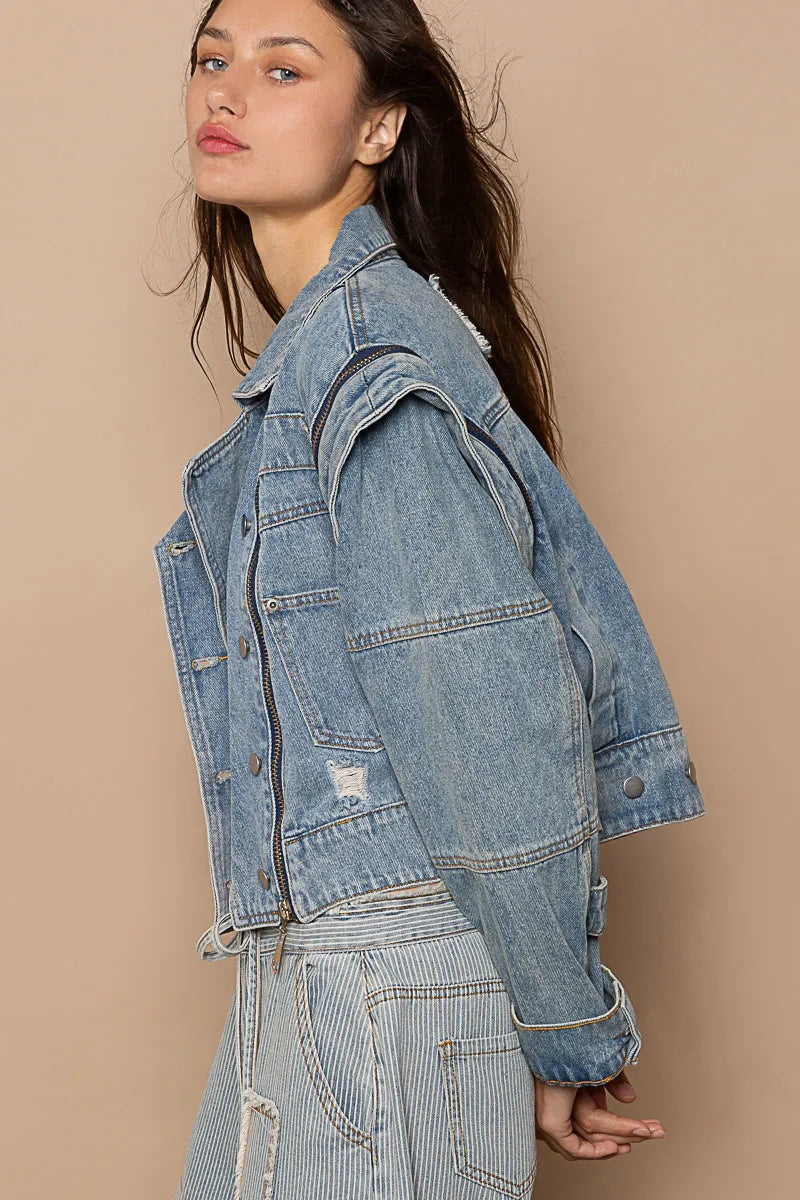 POL Cropped Denim Jacket with Functional Zipper Detail - steven wick