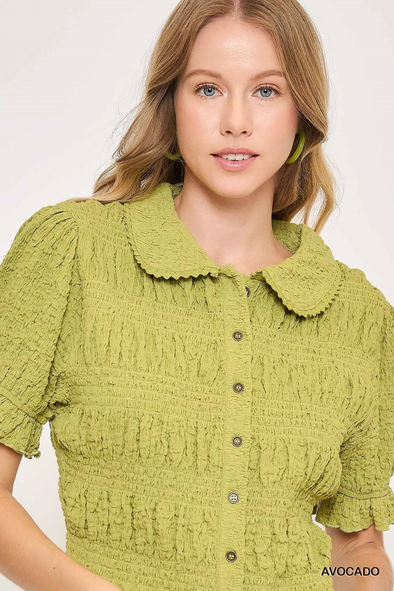 Smocked Short Sleeve Button-Front Shirt with Peter Pan Collar - steven wick