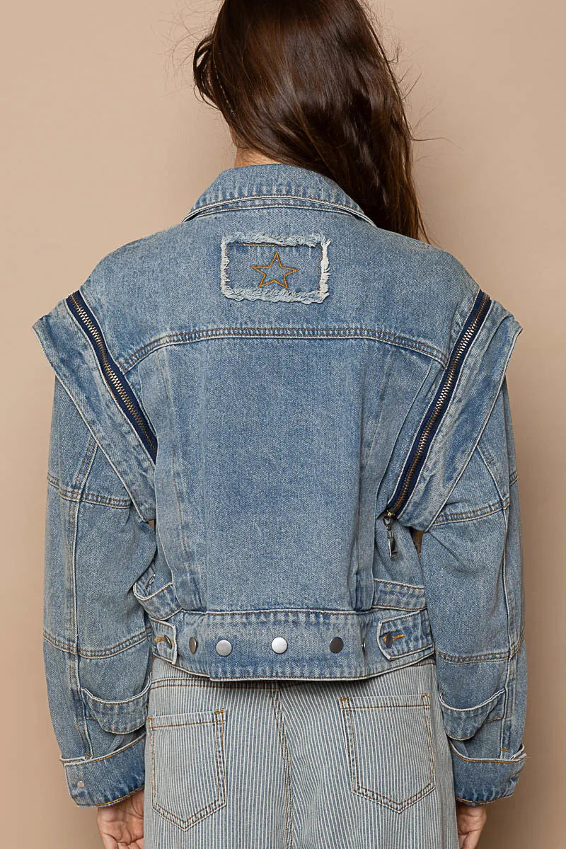 POL Cropped Denim Jacket with Functional Zipper Detail - steven wick