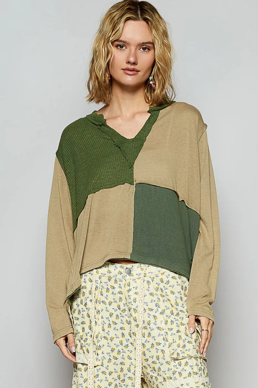 POL Color Block Notched Long Sleeve T-Shirt - steven wick
