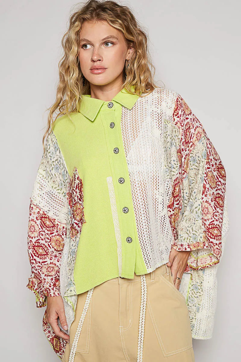 Thermal and Crochet Lace Mix Shirt with Floral Pattern - steven wick