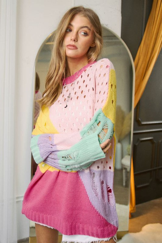 Color Block Distressed Detail Pullover Sweater - steven wick