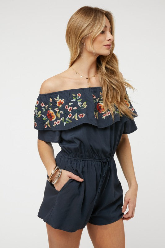 Floral Embroidered Ruffle Off-Shoulder Romper - steven wick