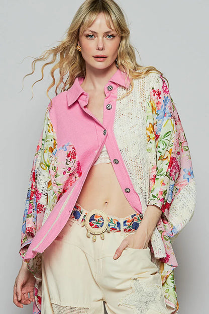 Thermal and Crochet Lace Mix Shirt with Floral Pattern - steven wick