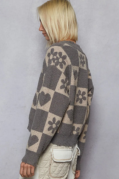 V-Neck Heart Pattern Checkered Sweater - steven wick