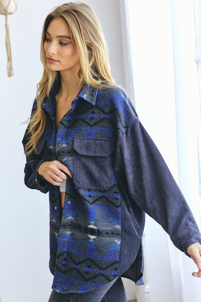 Plus Printed Button Down Long Sleeve Jacket - steven wick