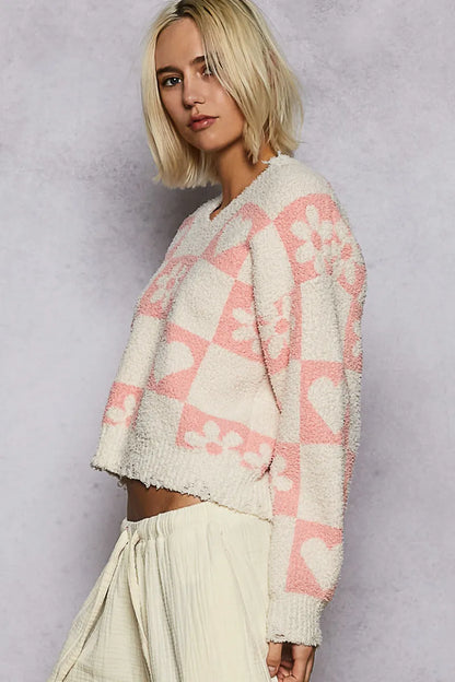 V-Neck Heart Pattern Checkered Sweater - steven wick