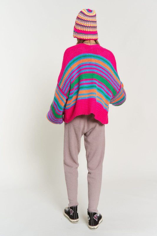 Chunky Knit Multi-Striped Open Sweater Cardigan - steven wick