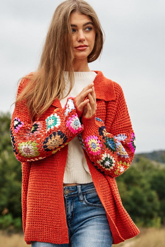 Crochet Floral Printed Long Sleeve Knit Cardigan - steven wick