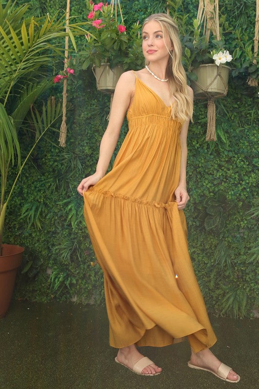 Low Cut Mustard Spaghetti Strap Maxi Tank Dress - steven wick