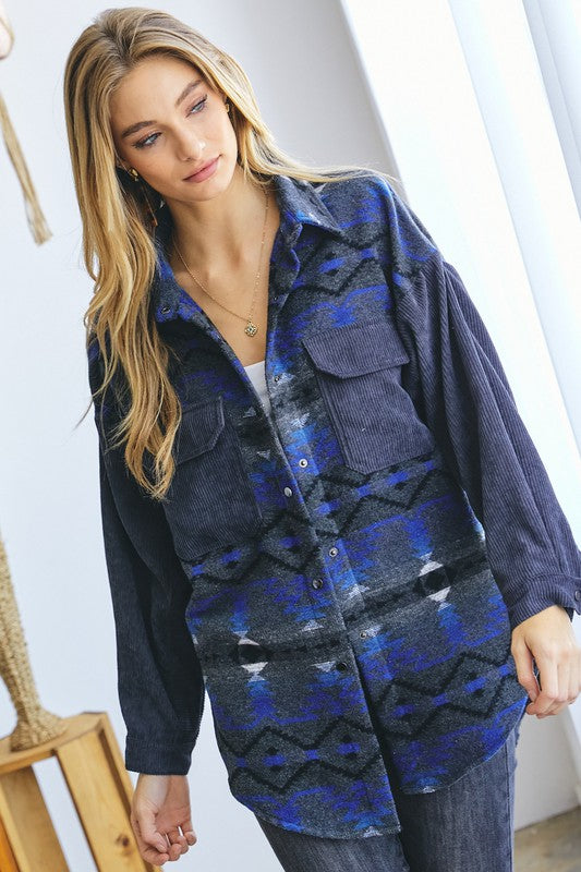 Plus Printed Button Down Long Sleeve Jacket - steven wick