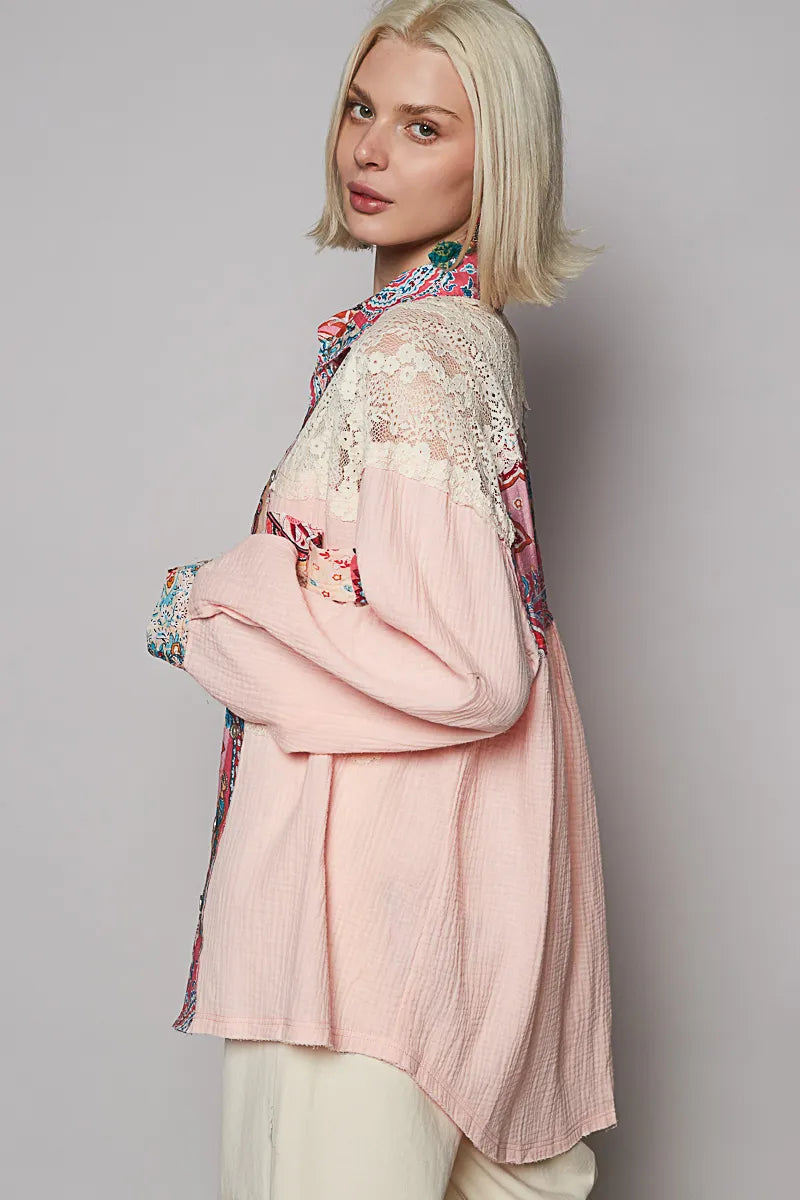 POL Lace Patchwork Floral Trim Long Sleeve Shirt - steven wick