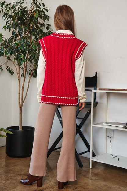 Solid V-Neck Sleeveless Pocket Detail Sweater - steven wick