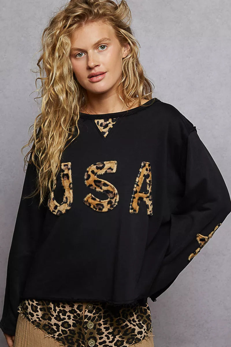 Round Neck Long Sleeve French Terry Sweatshirt with USA Letter Animal Patch - steven wick