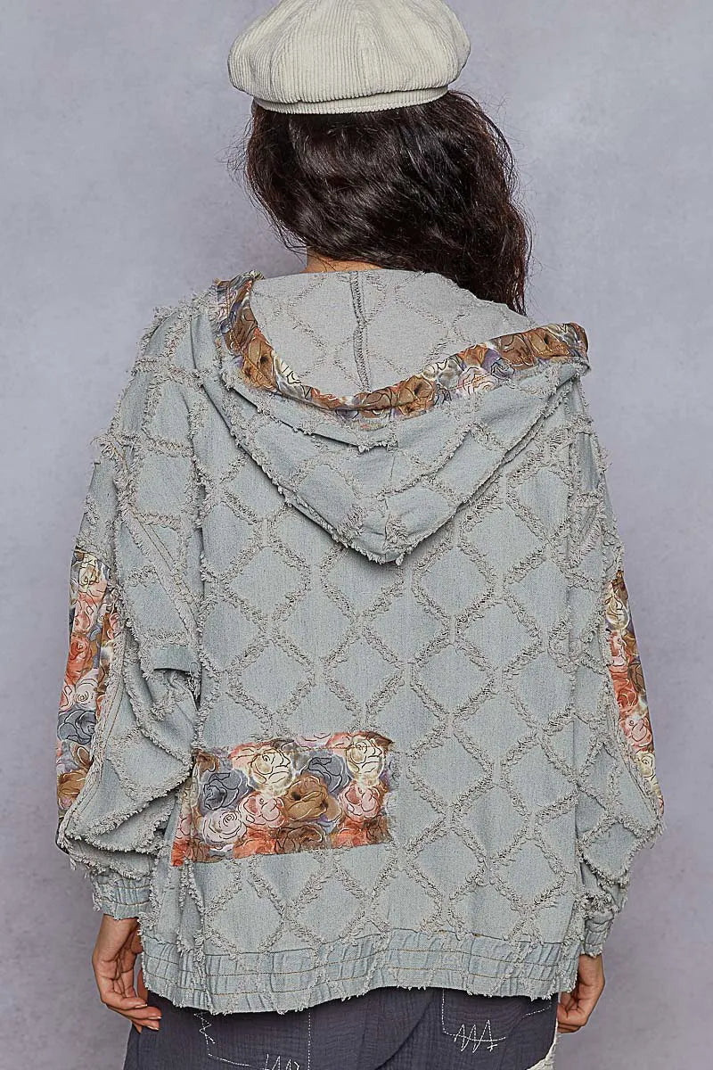 POL Zip Up Floral and Lace Patch Washed Denim Jacket - steven wick