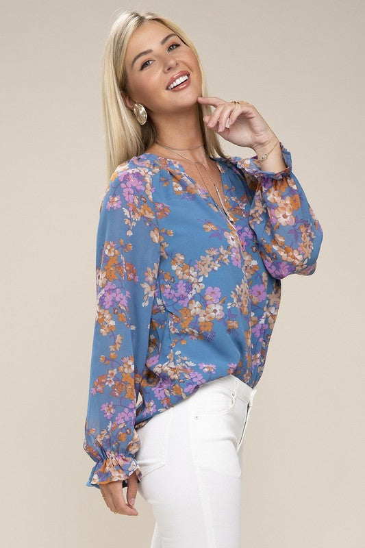 Floral Long-Sleeved Chiffon Blouse - steven wick