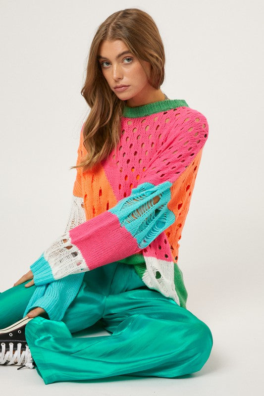 Color Block Distressed Detail Pullover Sweater - steven wick